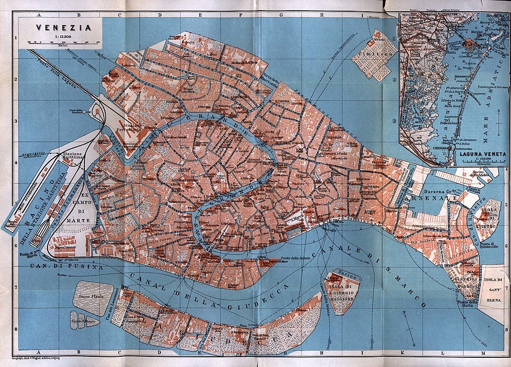 Vintage Map of Venice Italy with Canals and Islands Detailed vintage map of Venice Italy showing canals, islands, streets, and landmarks with inset of Venetian Lagoon