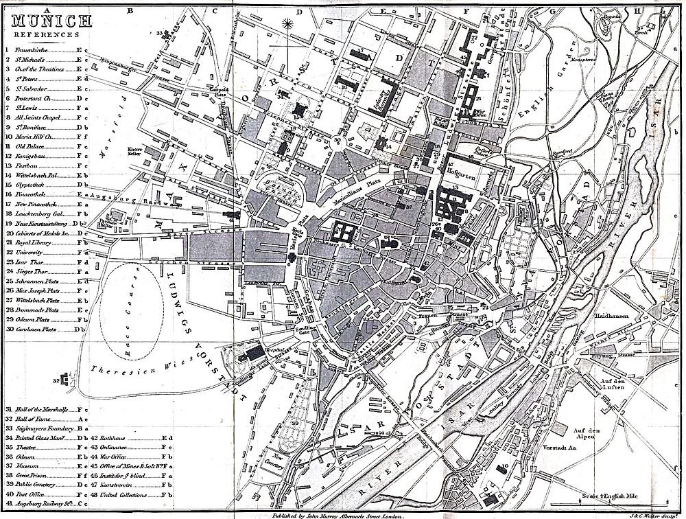 Vintage Munich city map with landmarks and streets Detailed vintage map of Munich city center with landmarks, streets, and references from historical 19th century layout