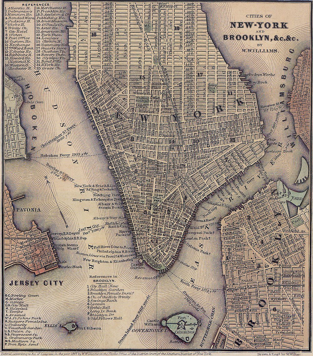 Antique Map of New York City, Brooklyn, and Jersey City Vintage detailed map of New York City and Brooklyn with Jersey City and Governors Island, showing streets and ferry routes
