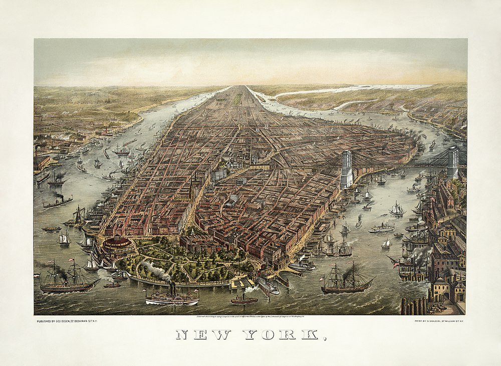Historic Bird's-Eye View Map of New York City Vintage bird's-eye view map of New York City showing Manhattan with rivers, bridges, and numerous sailing ships.