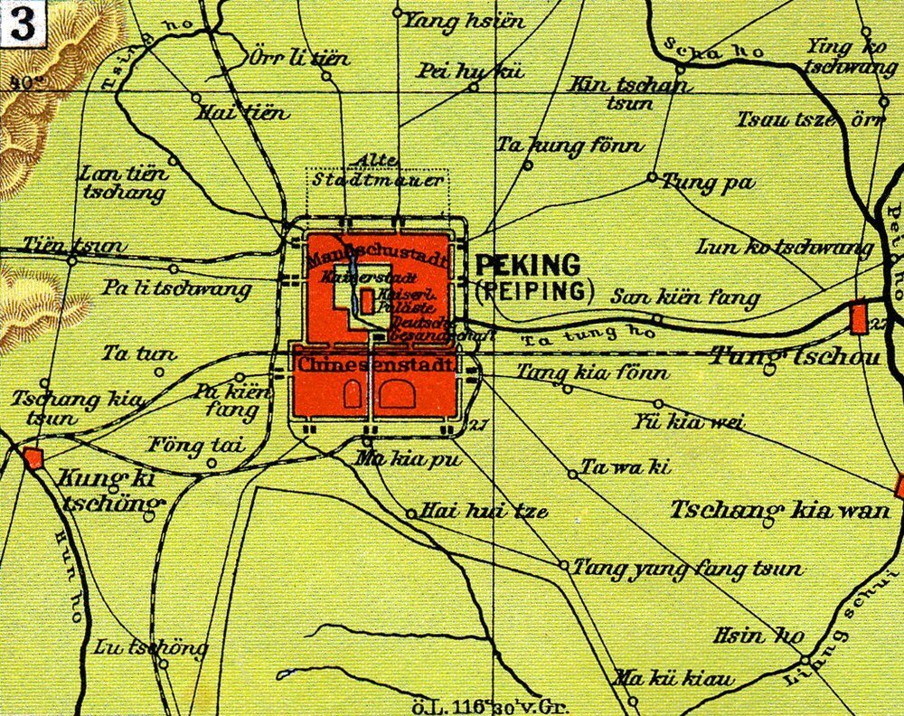 Vintage map of Peking (Beijing) with railway routes Vintage map showing Peking (Beijing) and surrounding towns with old German labels and railway lines