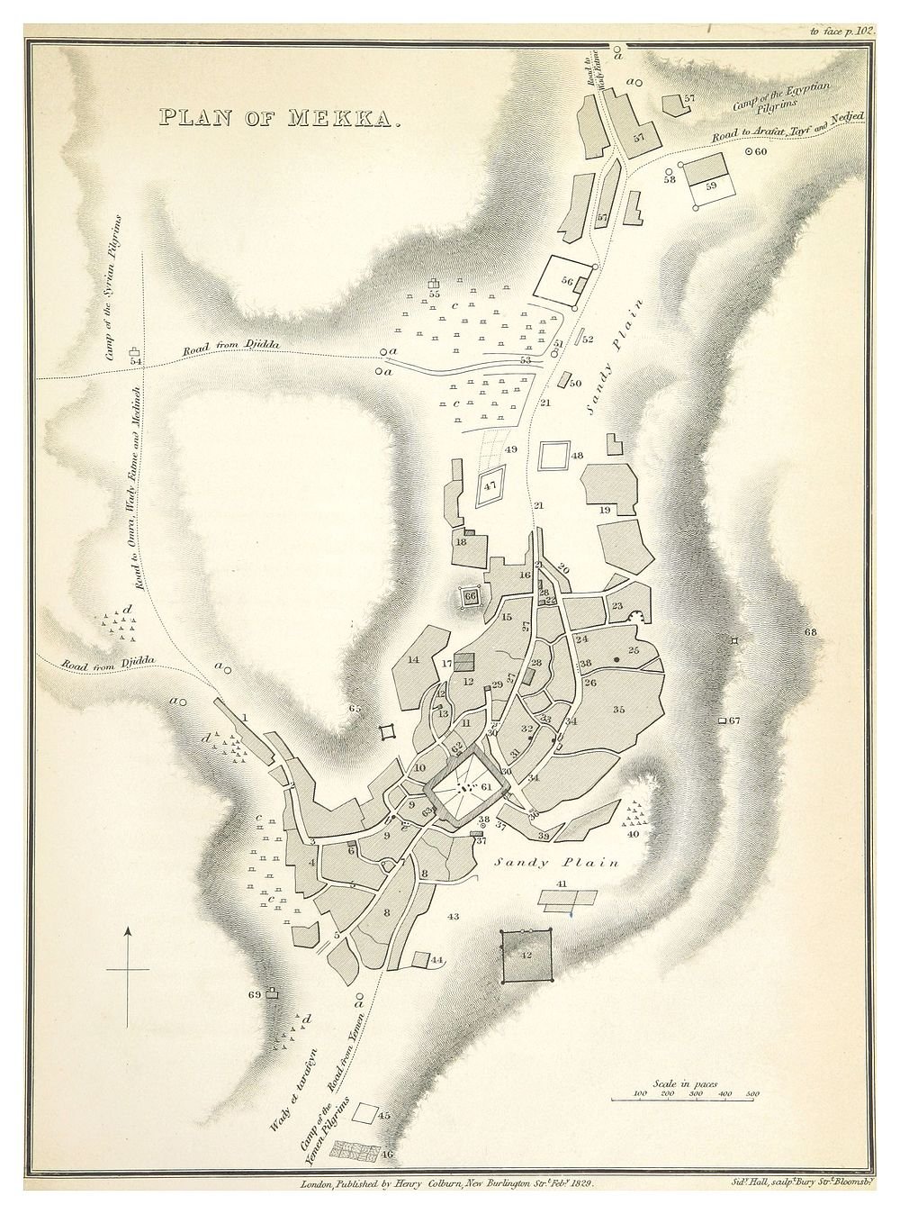Vintage Plan of Mekka Map 1829 Detailed vintage map showing the plan of Mekka with roads, camps, buildings, and sandy plains from 1829.