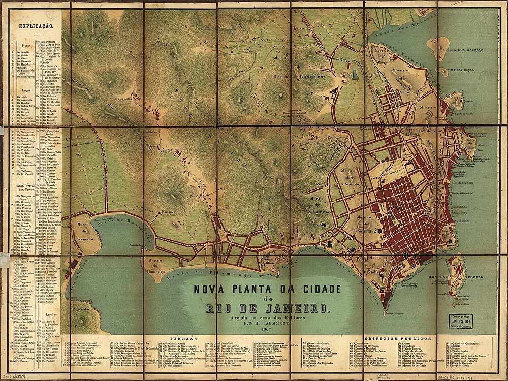 1867 Vintage Map of Rio de Janeiro City Vintage 1867 map of Rio de Janeiro city showing detailed streets, landmarks, and topography with legend in Portuguese