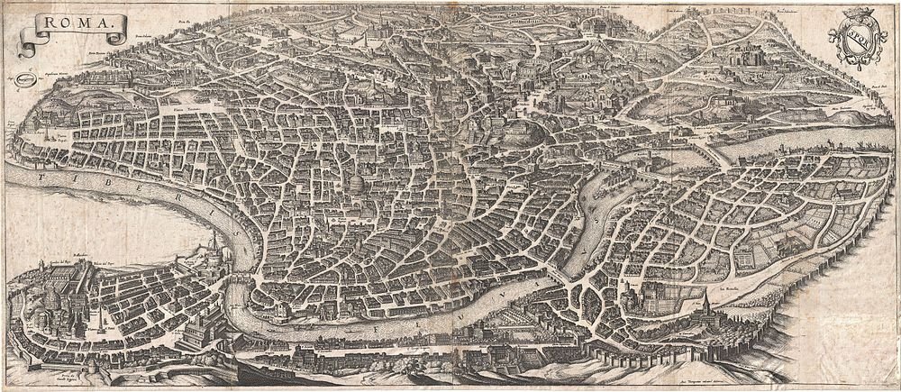 Vintage Engraved Map of Rome City Detailed vintage map of Rome city showing streets, buildings, and landmarks along the Tiber River in an old engraving style