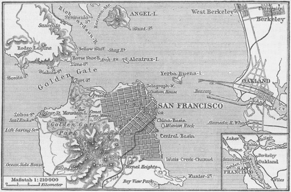 Vintage map of San Francisco Bay Area showing San Francisco, Oakland, Berkeley, Golden Gate, and surrounding landmarks.