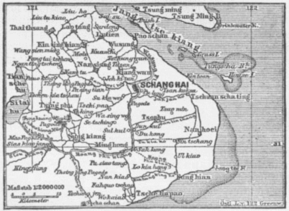 Vintage Shanghai and Surrounding Regions Map Vintage map showing Shanghai and surrounding regions with rivers, towns, and geographical details in black and white.