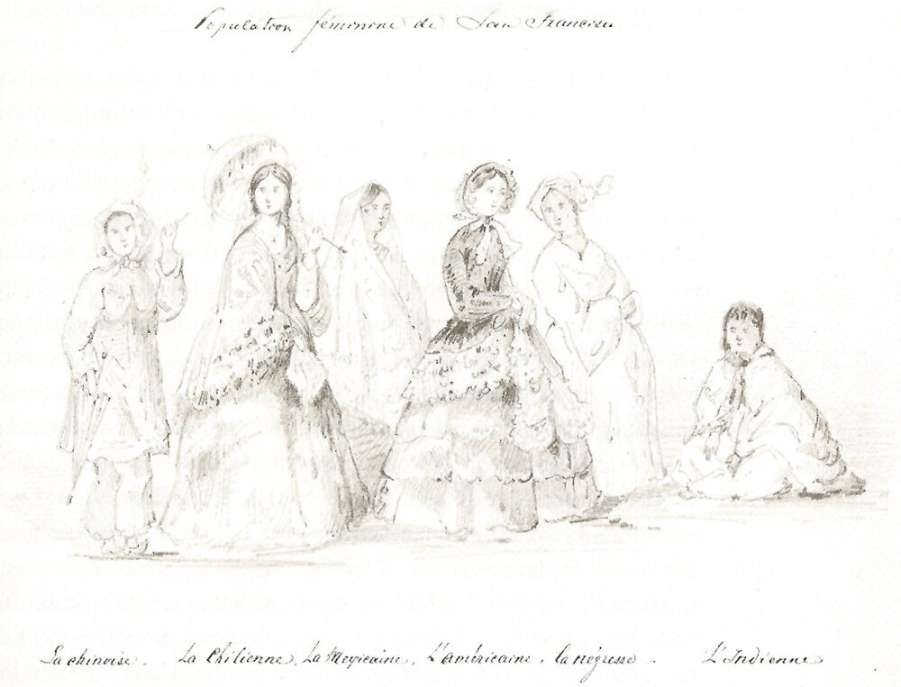 Vintage sketch of diverse women's traditional attire Vintage sketch of women from different cultures including Chinese, Chilean, Mexican, American, African, and Indigenous, showcasing traditional attire.