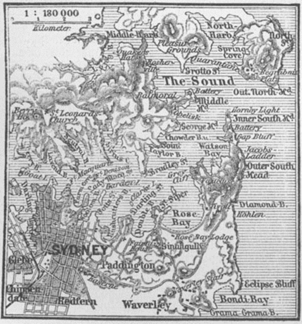Vintage map of Sydney and surrounding bays Vintage black and white map of Sydney and surrounding bays including Rose Bay, Watson Bay, and Bondi Bay with detailed landmarks