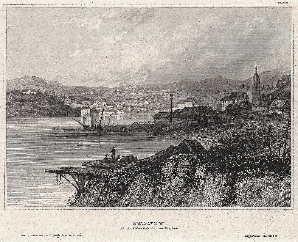 Vintage engraving of Sydney harbor, New South Wales Vintage black and white engraving of Sydney harbor with boats, buildings, and hills in New South Wales, Australia.