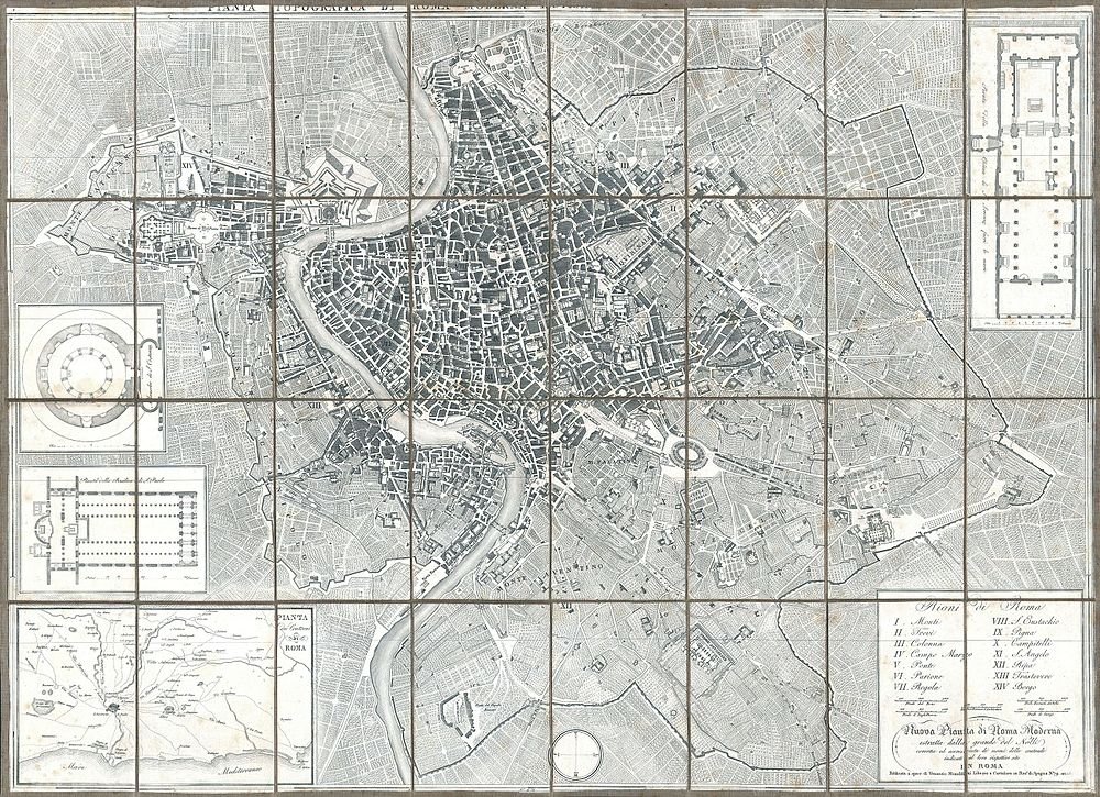Vintage Topographic Map of Rome with Landmarks Detailed vintage topographic map of Rome showing city layout, landmarks, and surrounding areas with inset plans.