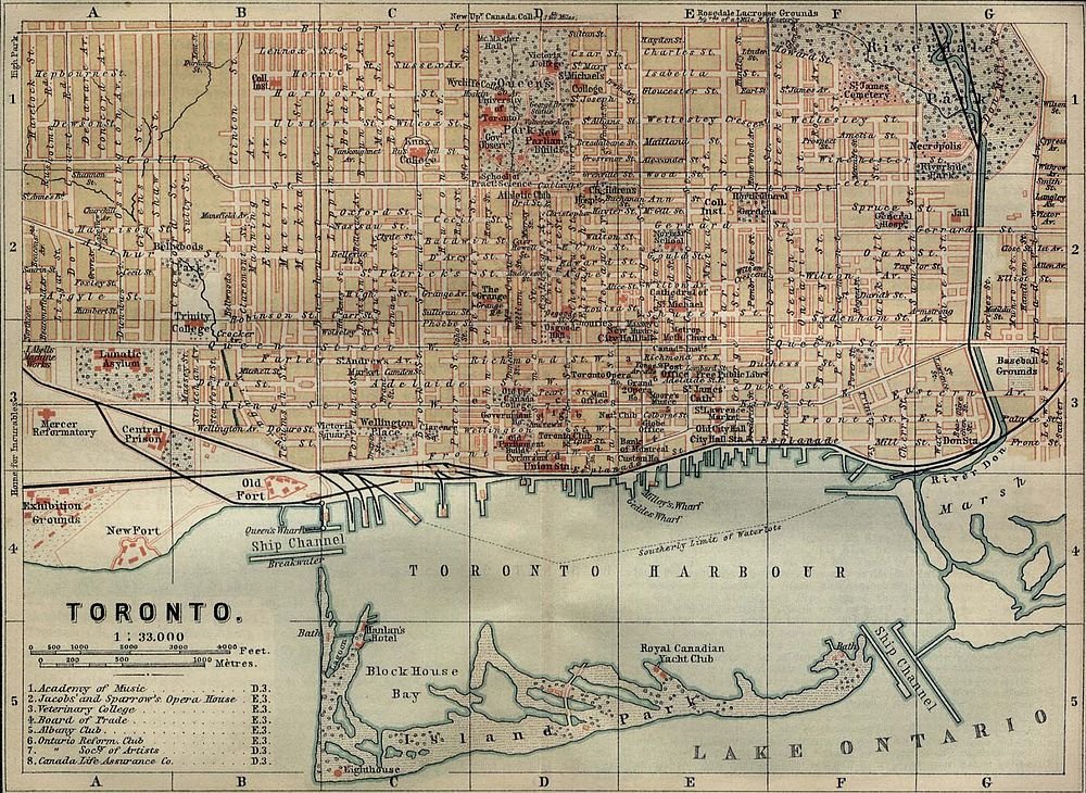 Vintage Toronto city map with harbour and landmarks Vintage detailed map of Toronto city showing streets, landmarks, Toronto Harbour, and Lake Ontario from early 20th century