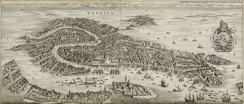 Vintage Venice City Map with Canals and Ships Detailed vintage map illustration of Venice city with canals, ships, and surrounding islands, showcasing historic architecture.