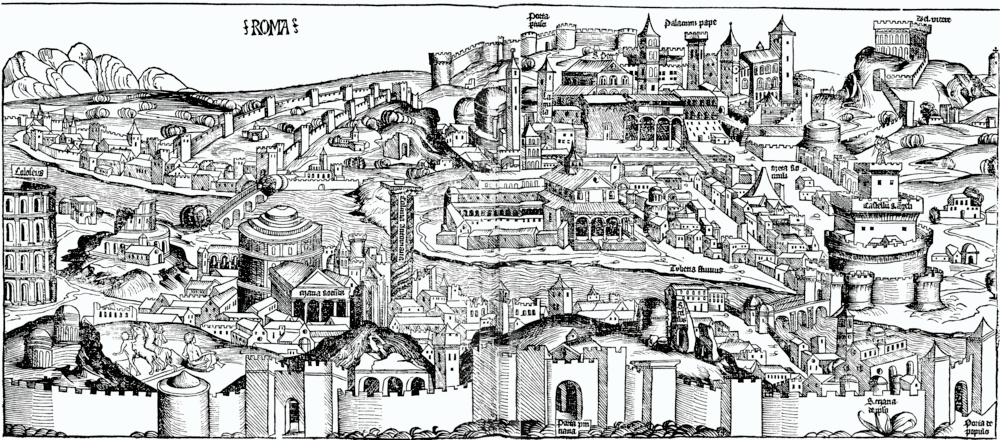 Vintage Woodcut Map of Ancient Rome Detailed vintage woodcut map of ancient Rome showing iconic landmarks and city walls in black and white illustration
