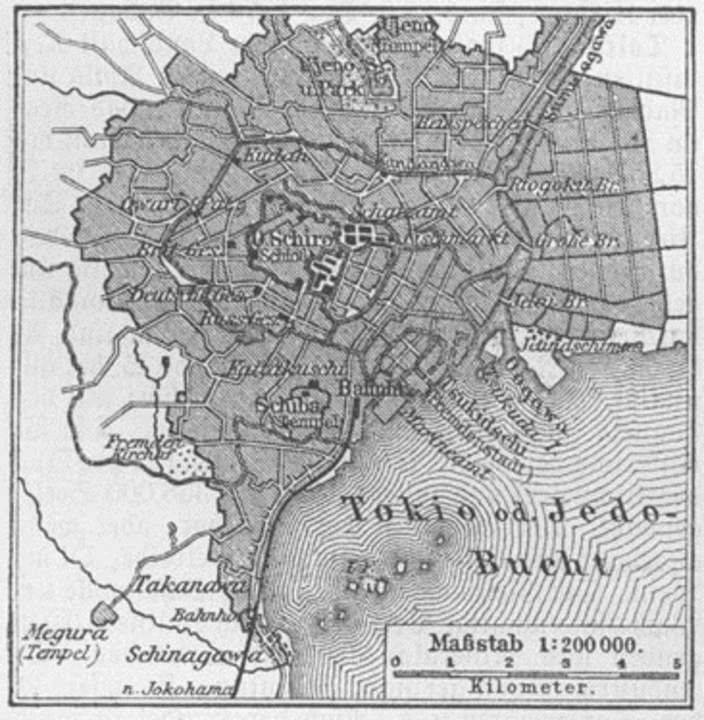 Vintage map of Yokohama city with landmarks Vintage map of Yokohama, Japan showing districts, landmarks, and coastline with scale in kilometers.