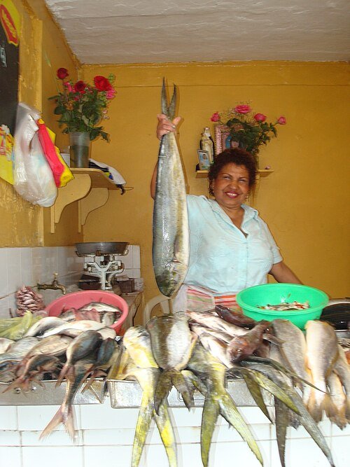 Woman holding large fish at local fish market Smiling woman holding large fresh fish at vibrant local fish market stall with various fish displayed