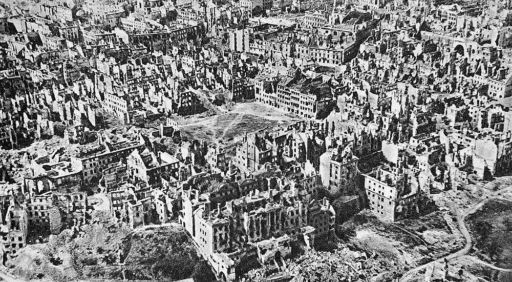 Aerial view of World War II bombed city ruins Aerial view of extensive urban destruction showing bombed-out buildings and ruins after World War II in a European city