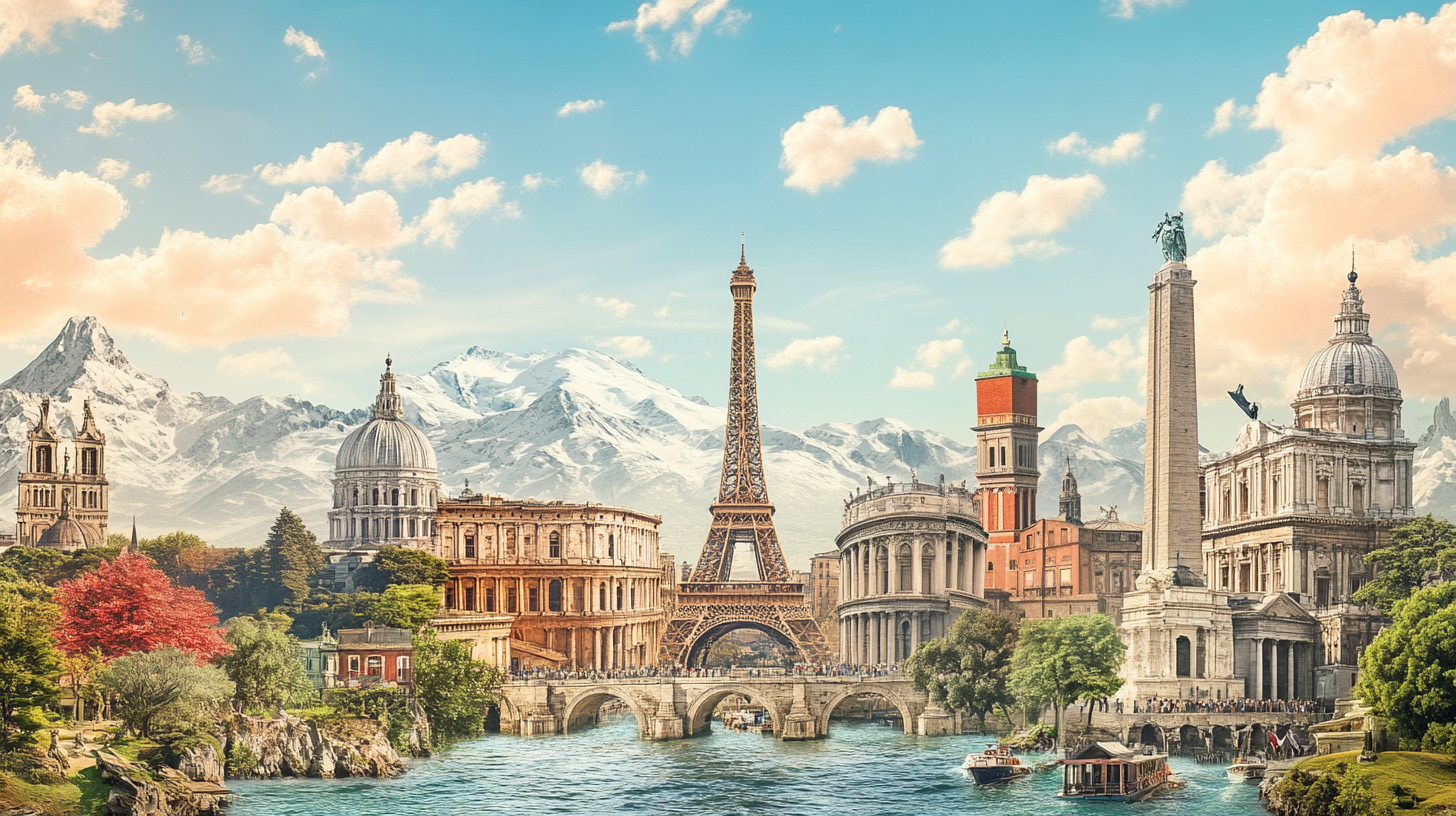 Famous European landmarks including Eiffel Tower, Colosseum, and historic buildings with mountains and river scenery
