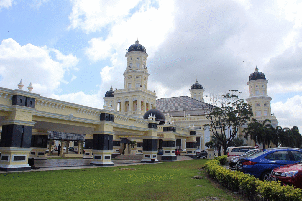 Colonial-style government building with clock tower