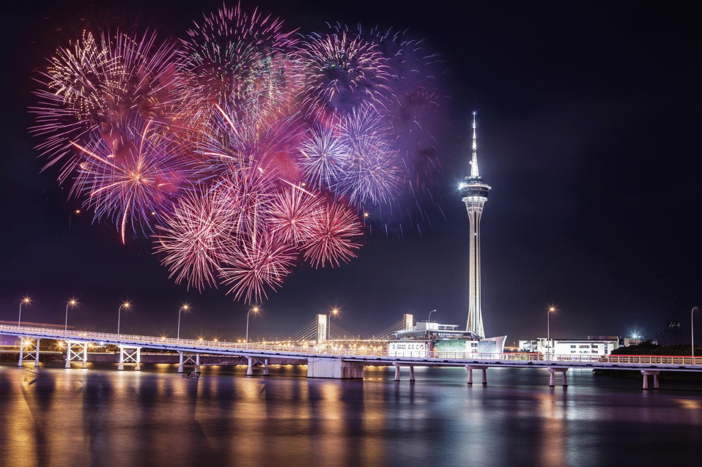Colorful fireworks display over Macau's modern city skyline with illuminated towers and bridges at night