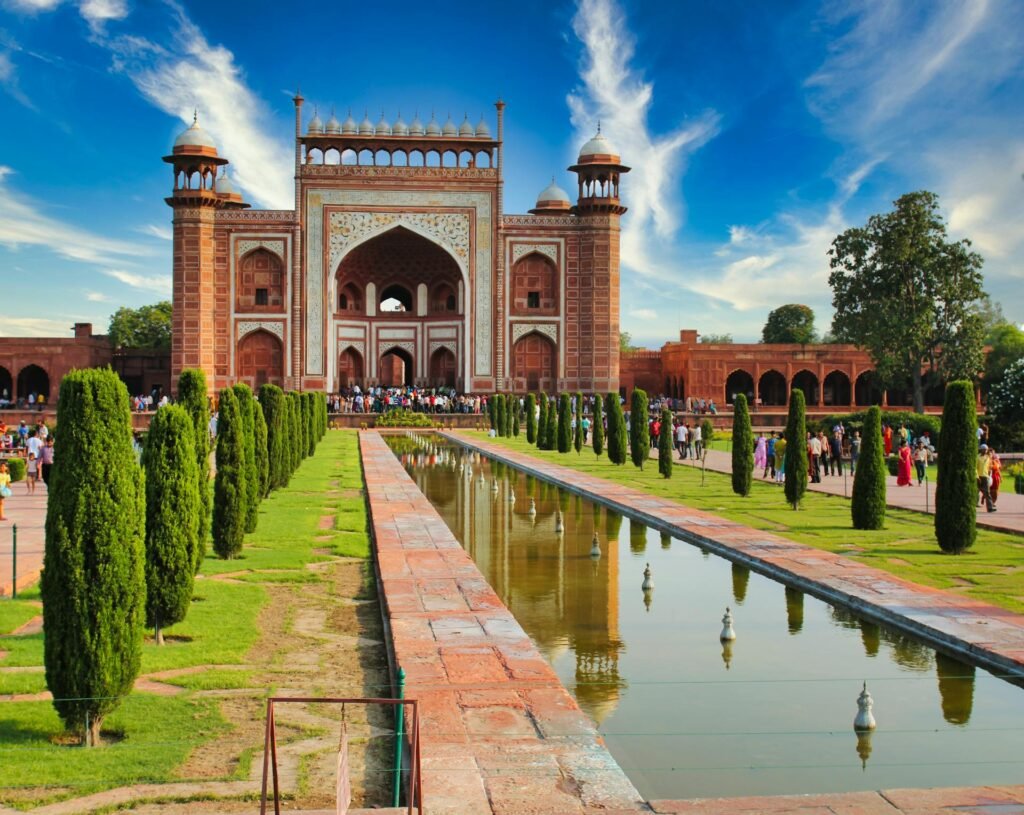 Majestic view of the main gate of the Taj Mahal in Agra showcasing classic Mughal architecture