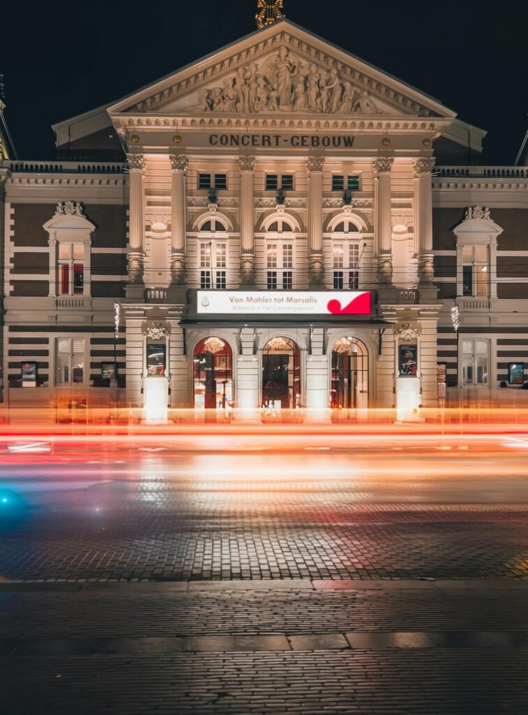 The Concertgebouw concert hall in Amsterdam illuminated at night, home of the Royal Concertgebouw Orchestra
