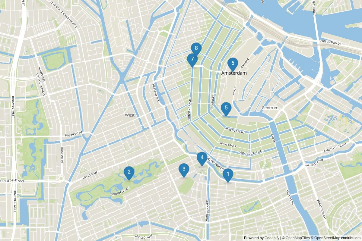 Amsterdam sights map — 8 in-city POIs across 1 cluster(s); day-trips listed in table