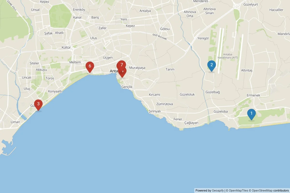 Antalya sights map — 7 in-city POIs across 2 cluster(s); day-trips listed in table