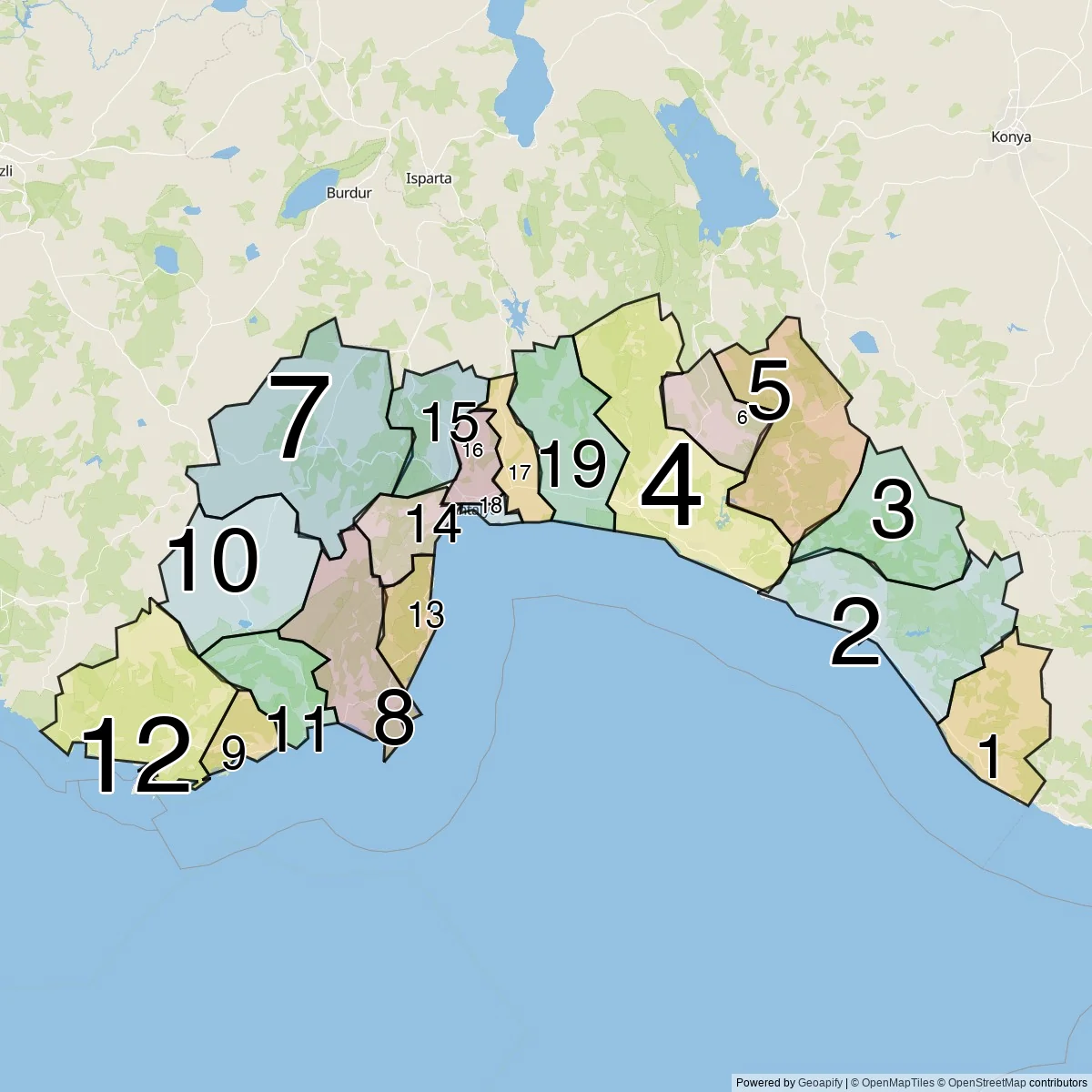 Antalya districts map (19 Districts)