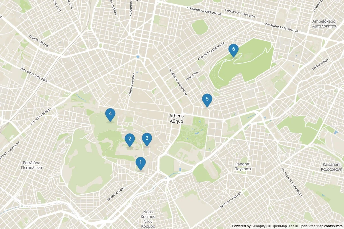 Athens sights map — 6 in-city POIs across 1 cluster(s); day-trips listed in table