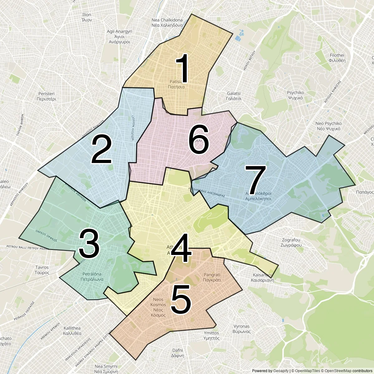 Athens districts map (7 Municipal communities)