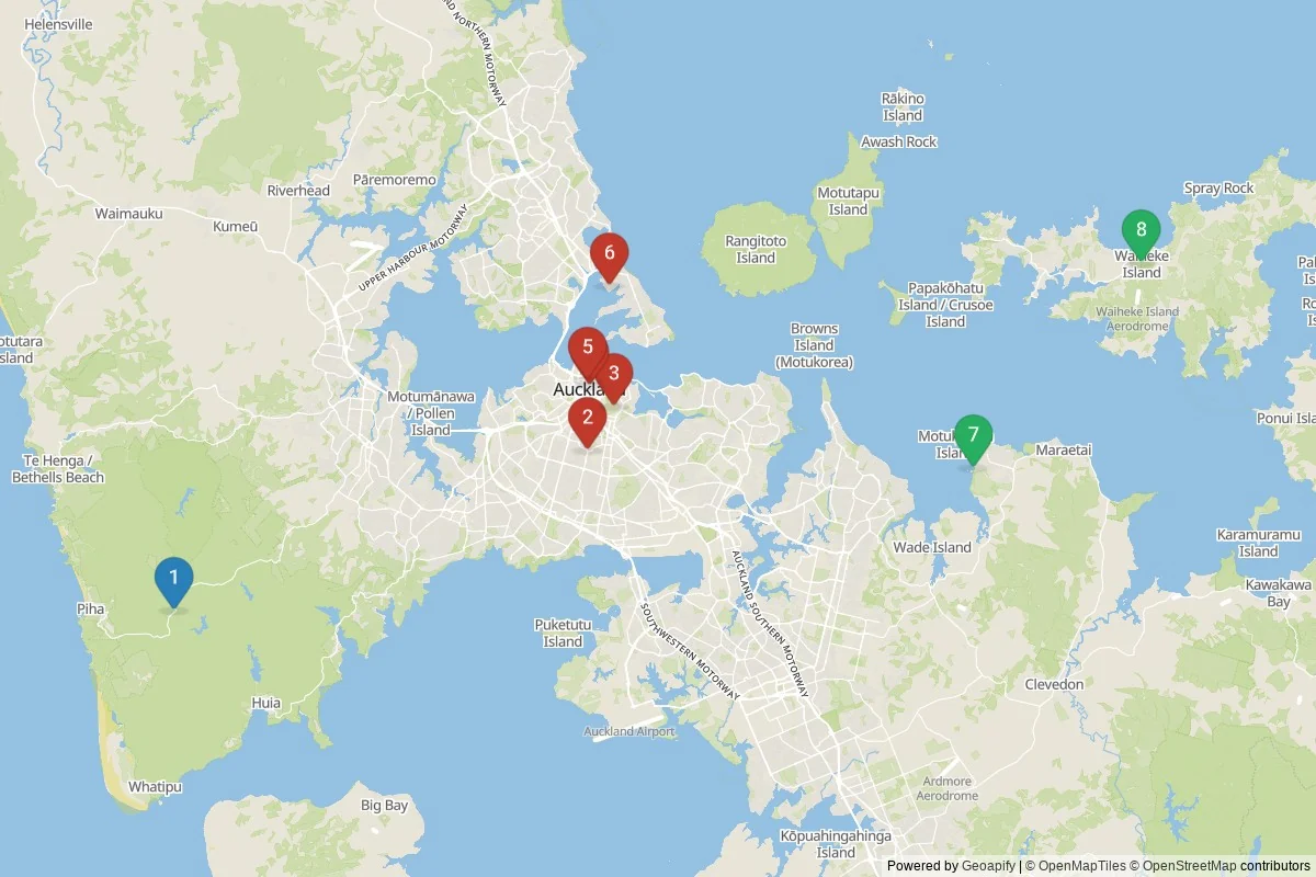 Auckland sights map — 8 POIs grouped into 3 cluster(s)