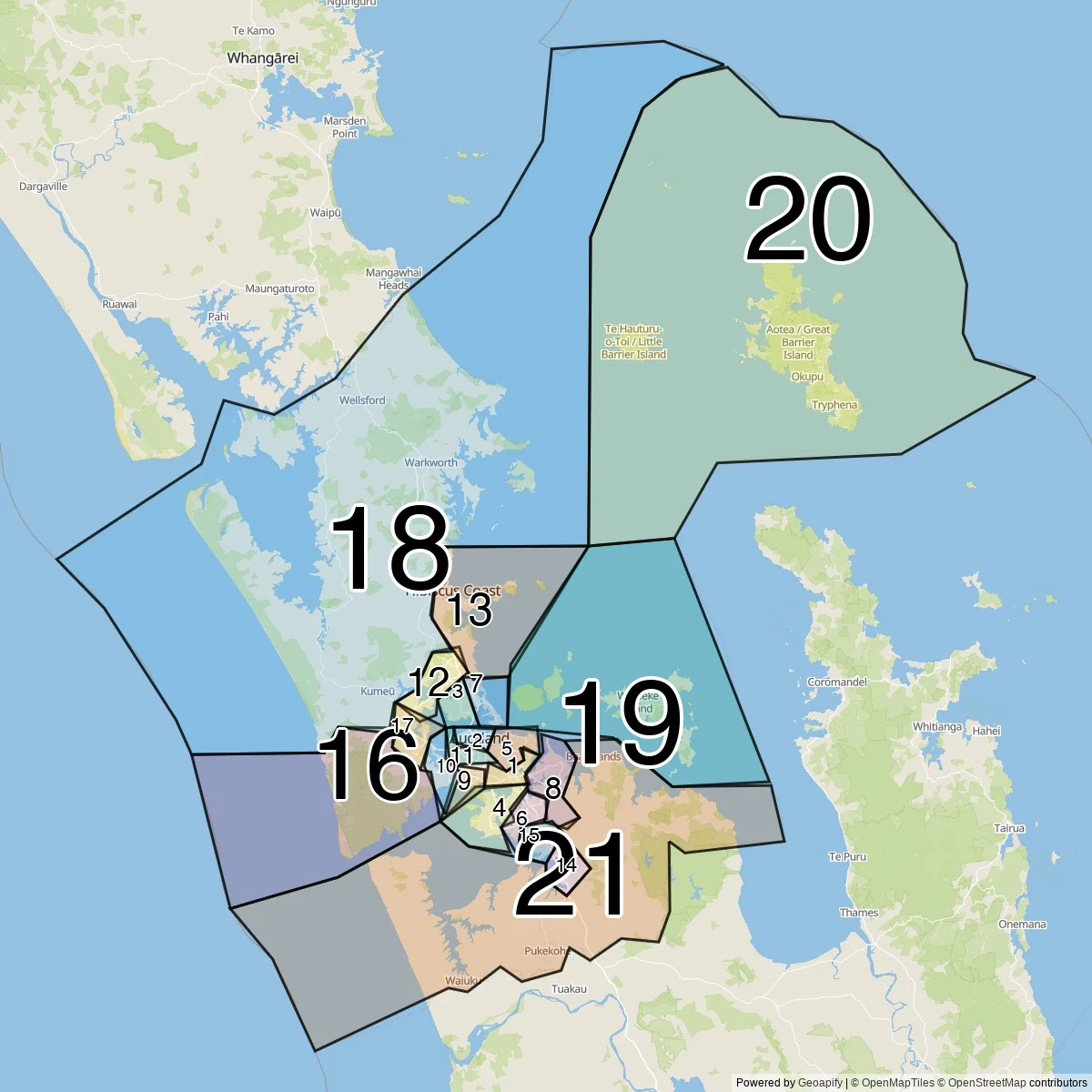 Auckland districts map (21 Local board areas)