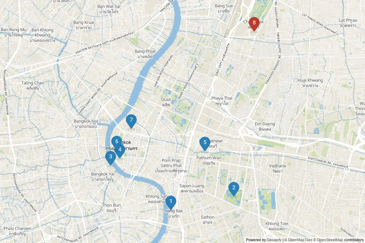 Bangkok sights map — 8 in-city POIs across 2 cluster(s); day-trips listed in table