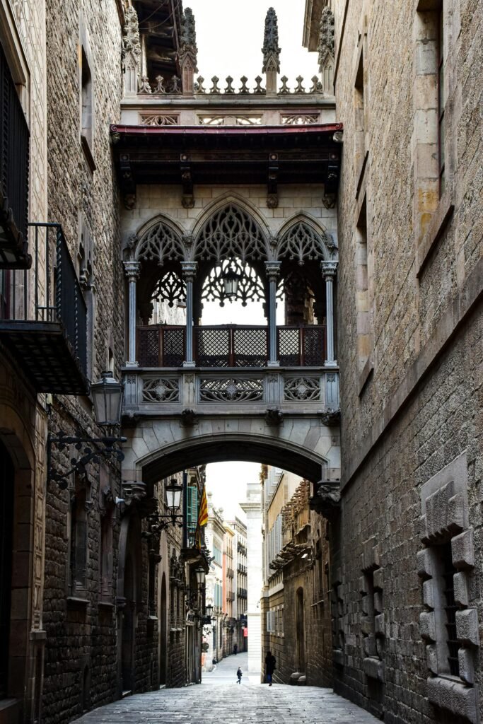 El Pont del Bisbe (Bishop's Bridge) in Barcelona's Gothic Quarter showing narrow medieval alleys and stunning architecture
