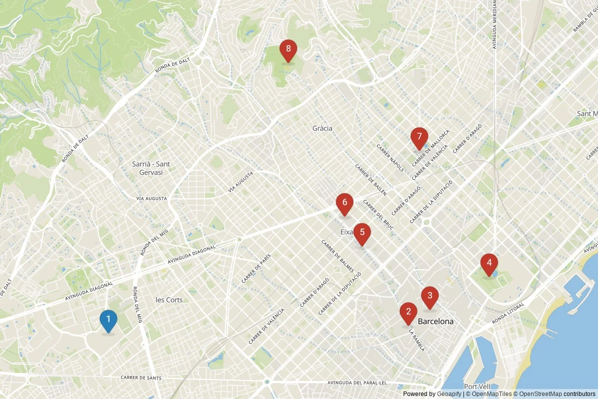 Barcelona sights map — 8 in-city POIs across 2 cluster(s); day-trips listed in table