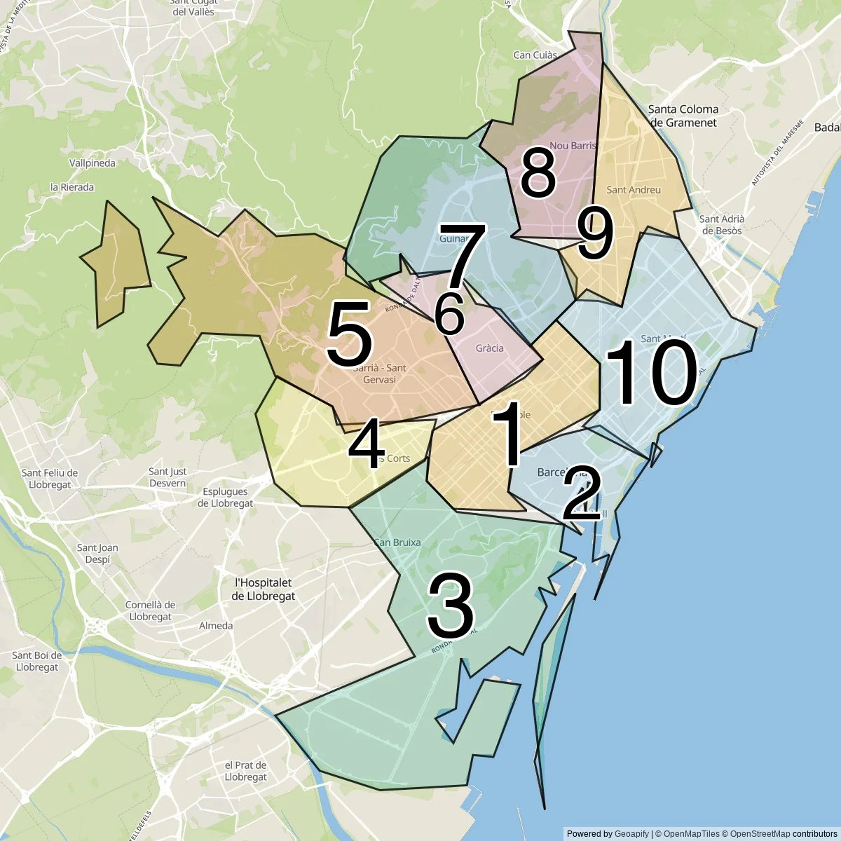 Barcelona districts map (10 Districts)