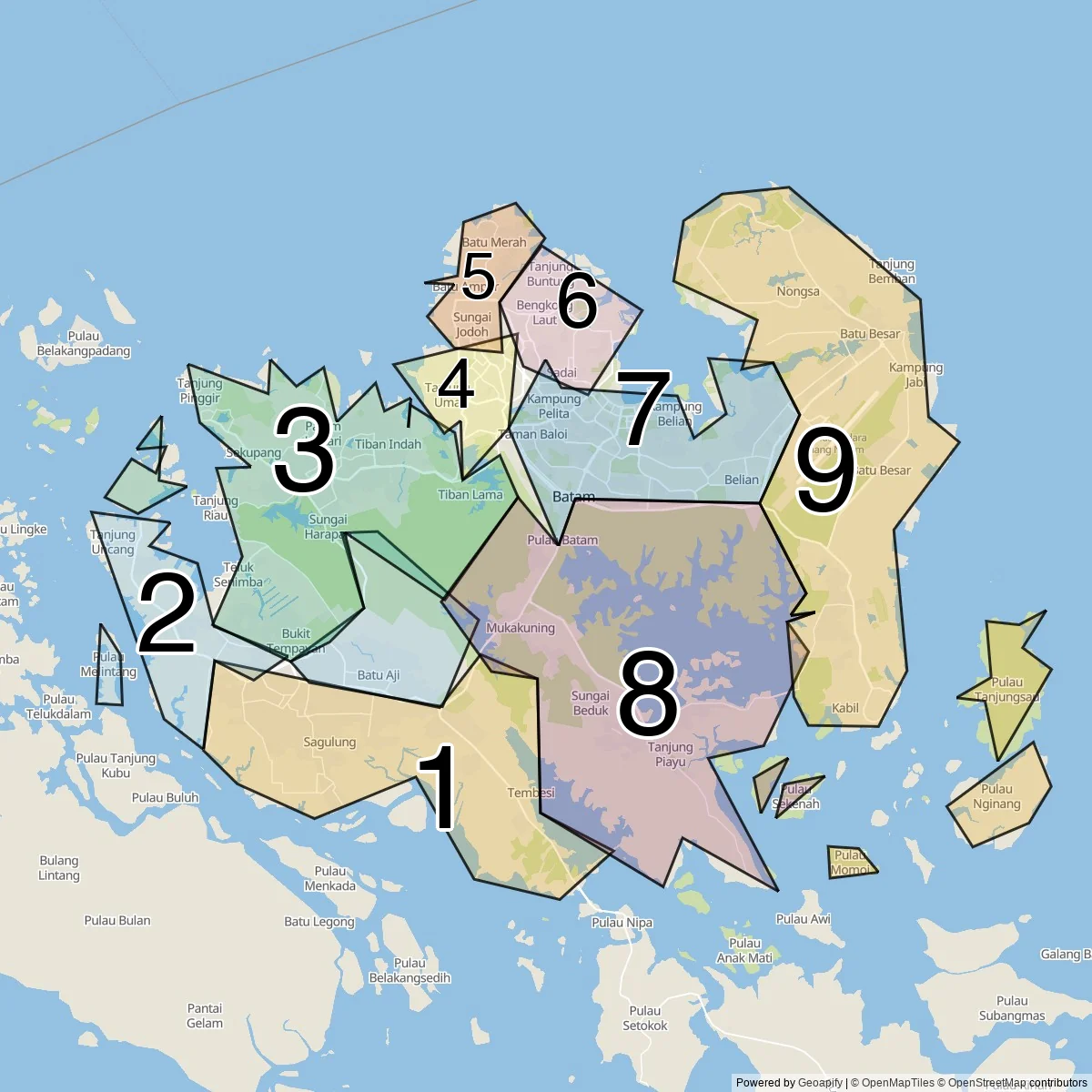 Batam districts map (9 Subdistricts)