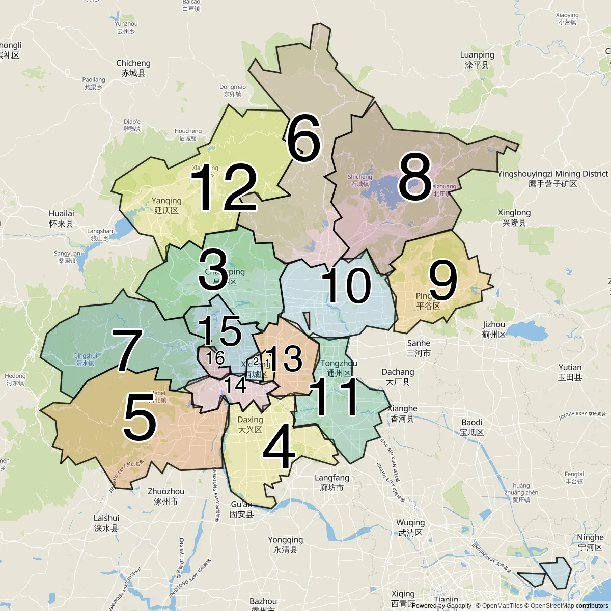 Beijing districts map (16 Districts)