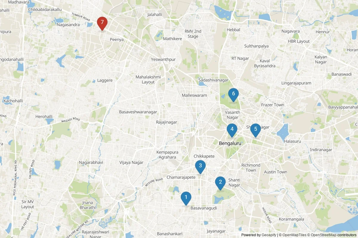 Bengaluru sights map — 7 in-city POIs across 2 cluster(s); day-trips in table