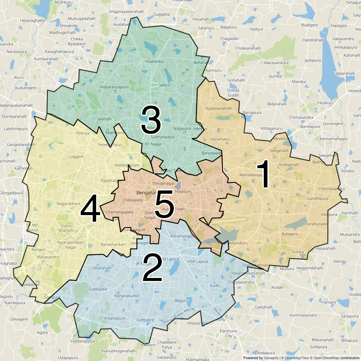 Bengaluru districts map (5 Municipal zones)