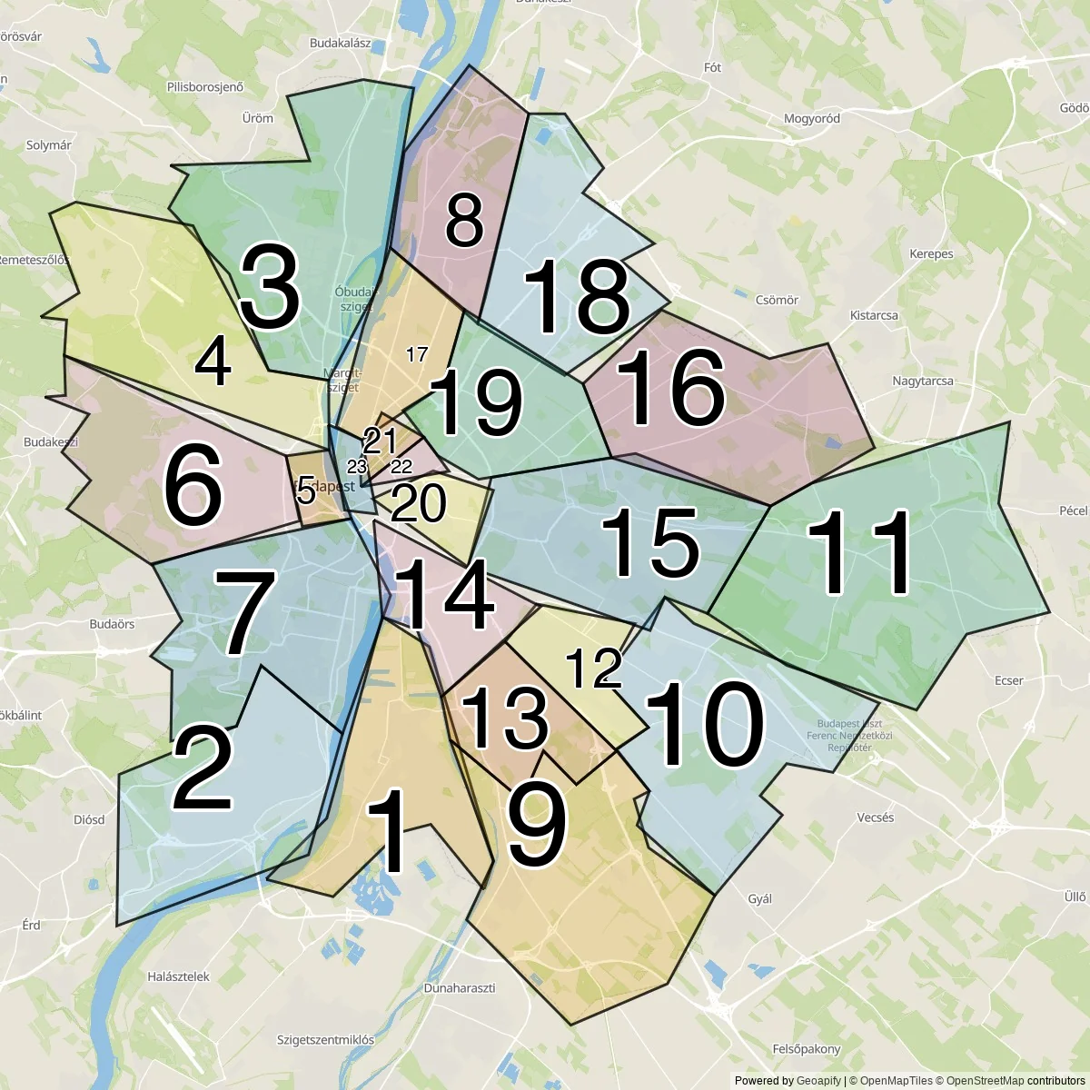 Budapest districts map (23 Districts)