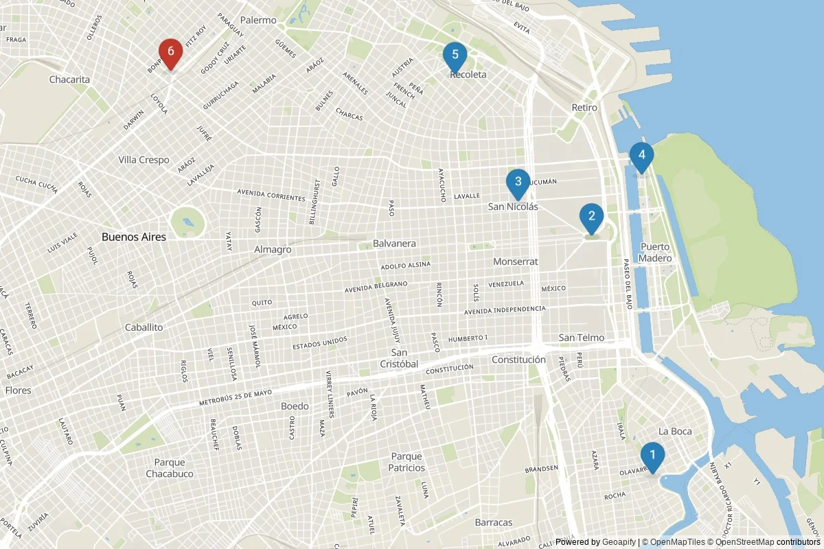 Buenos Aires sights map — 6 POIs grouped into 2 cluster(s)