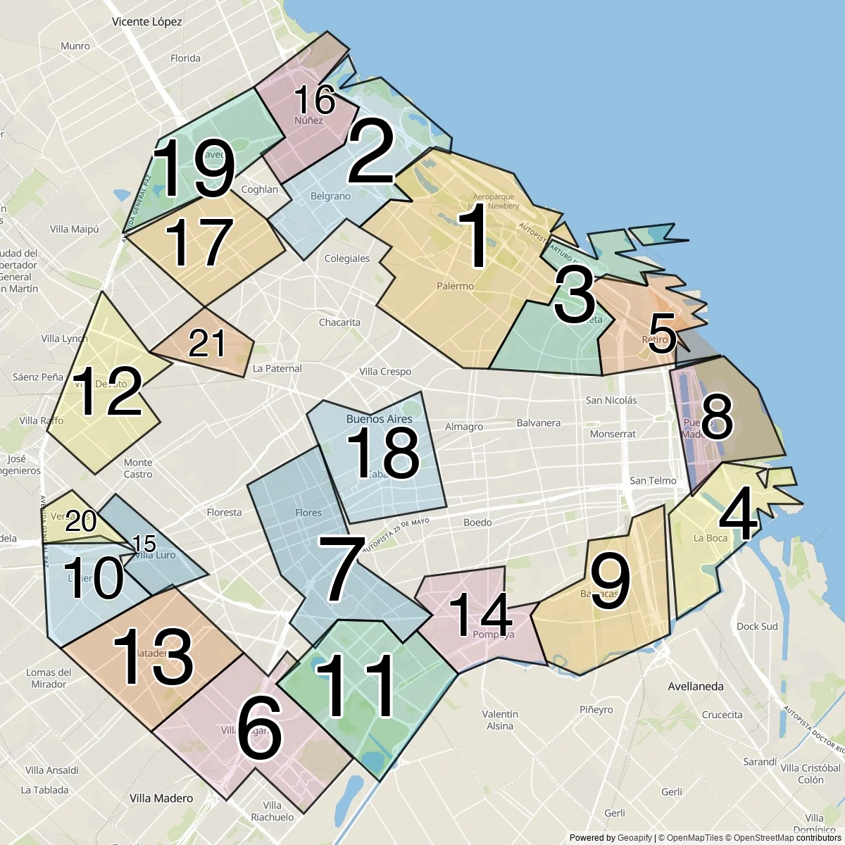 Buenos Aires districts map (21 Communes)