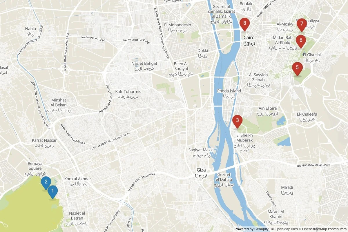 Cairo sights map — 8 in-city POIs across 2 cluster(s); day-trips listed in table