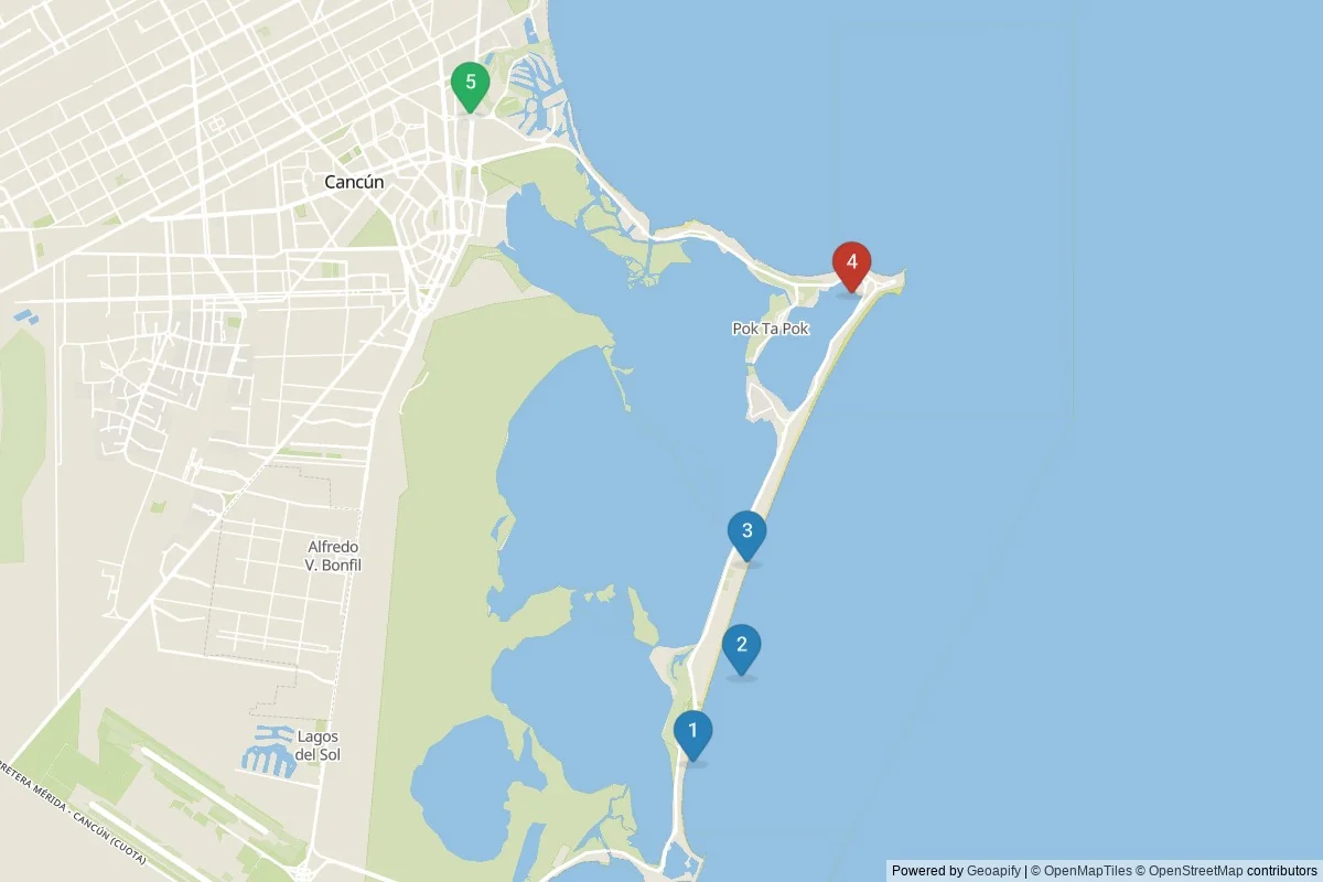 Cancún sights map — 5 in-city POIs across 3 cluster(s); day-trips listed in table