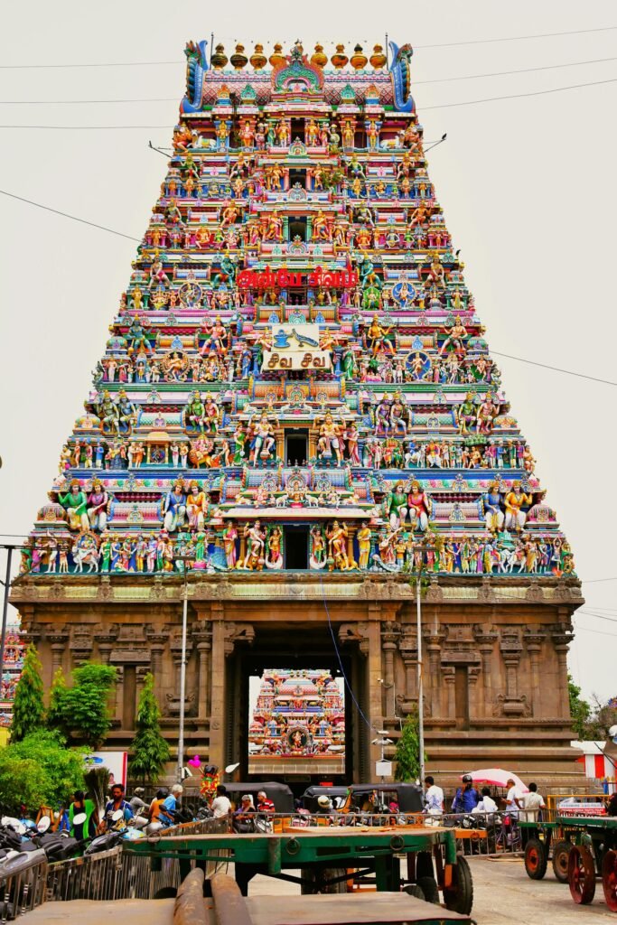 Vibrant detailed carvings of the Kapaleeshwarar Temple gopuram in Mylapore, Chennai's historic Tamil temple