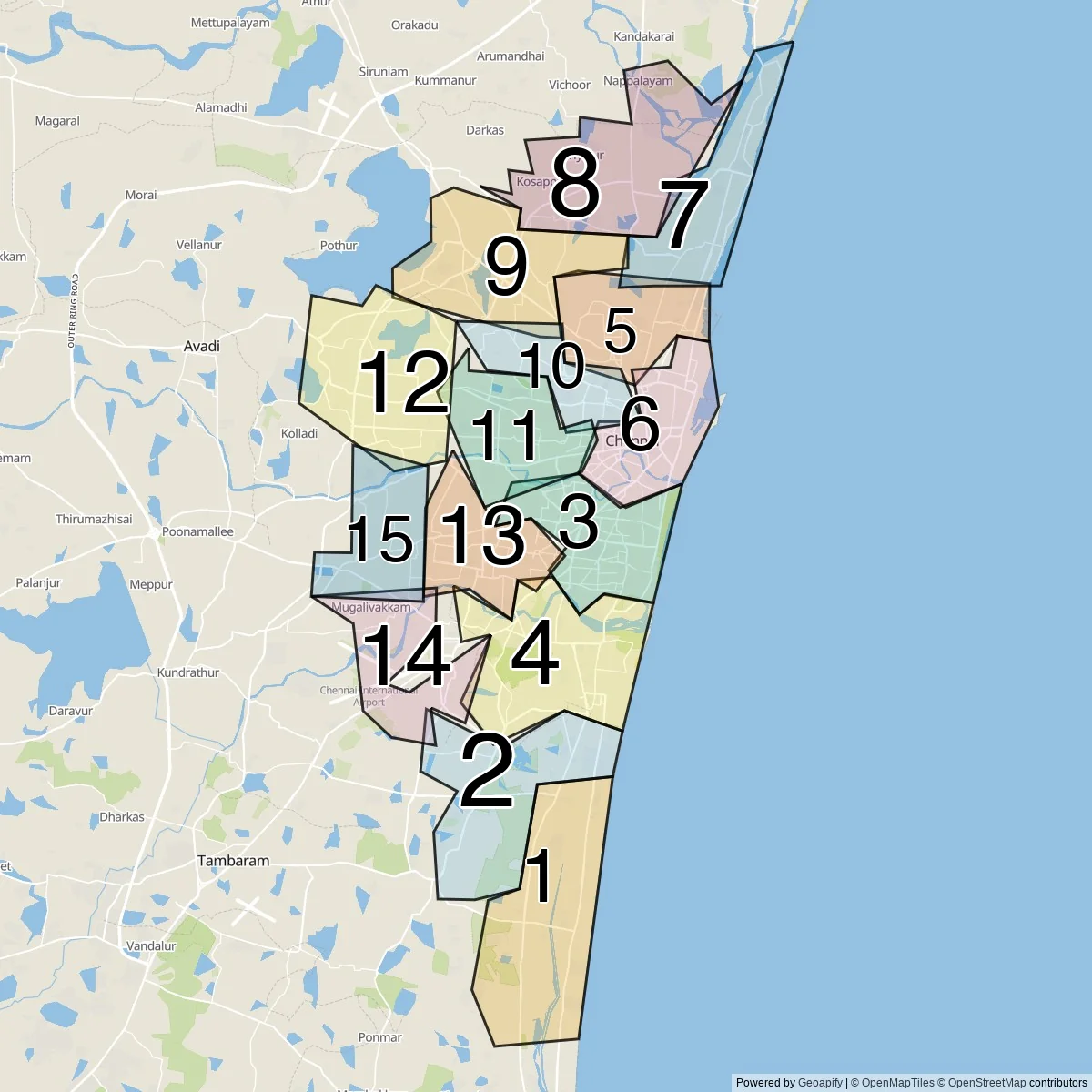 Chennai districts map (15 Municipal zones)