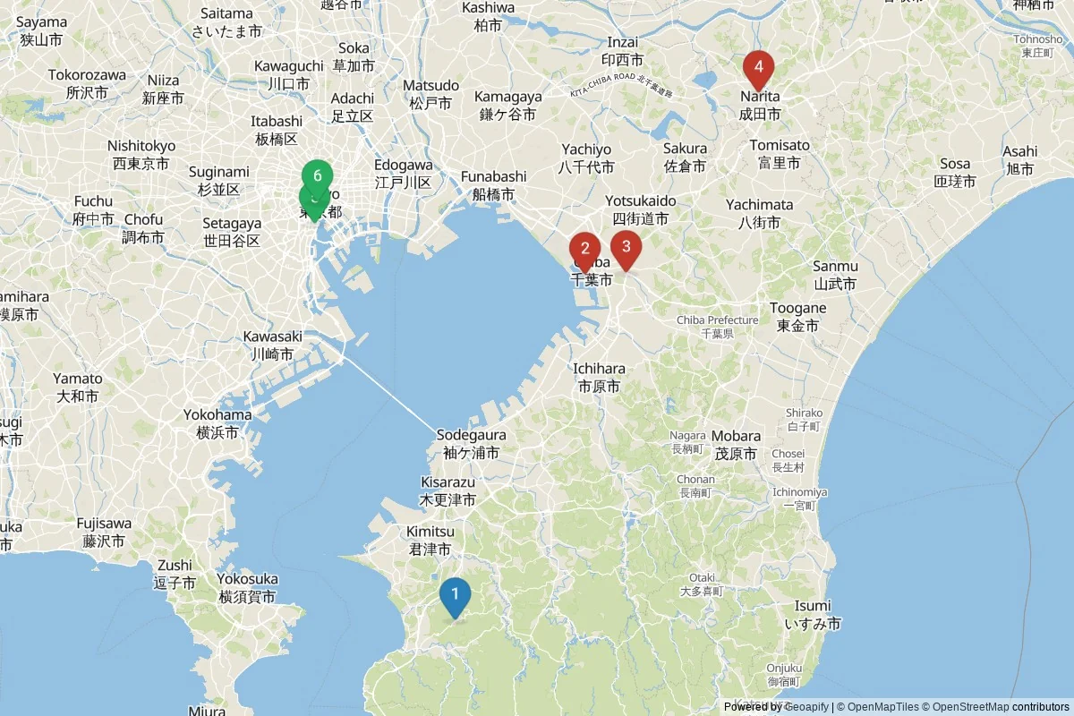 Chiba sights map — 6 POIs grouped into 3 cluster(s)