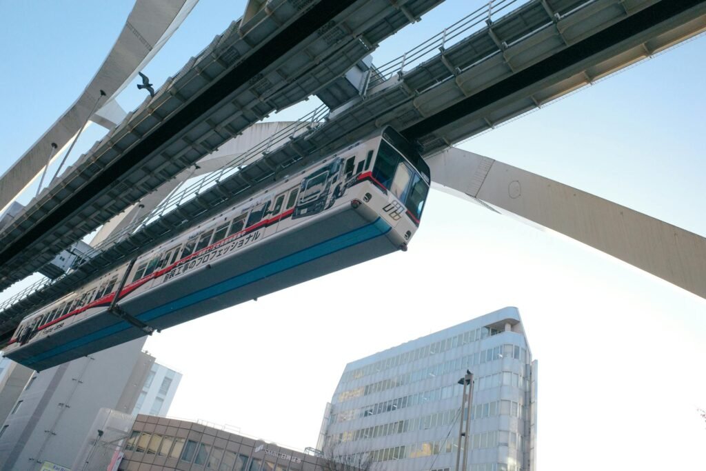The Chiba Monorail — the world's longest suspended monorail system — passing through the urban core of Chiba City, an architectural and engineering signature of the prefectural capital