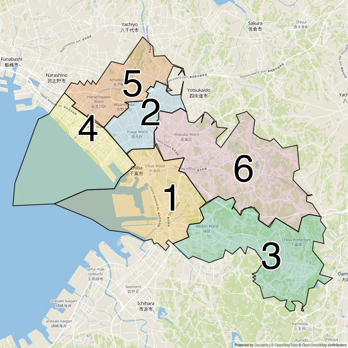 Chiba districts map (6 Wards)